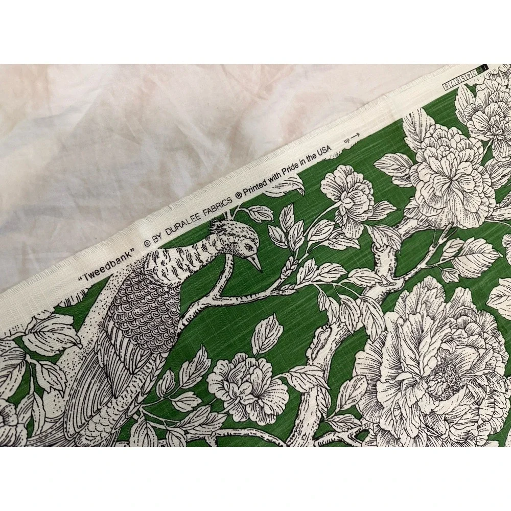 Elegant Duralee Tweedbank Green Cotton Fabric Botanical Birds Flowers 45